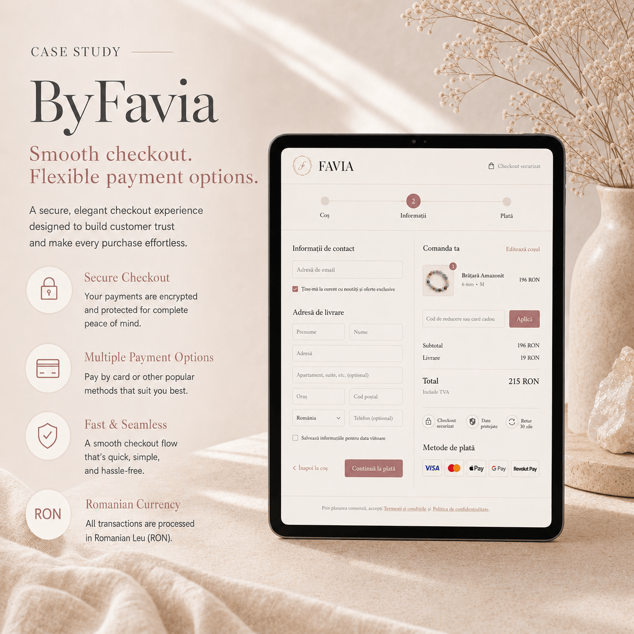 ByFavia checkout on tablet with flexible payment options